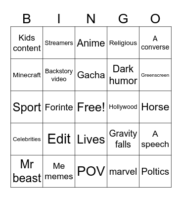 YouTube shorts Bingo Card