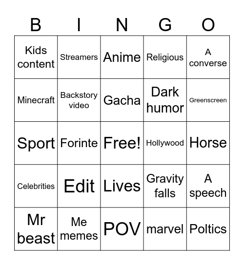 YouTube shorts Bingo Card