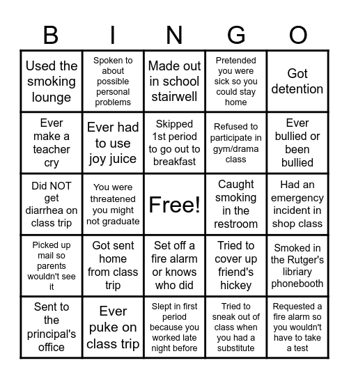 Reunion Bingo Card