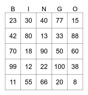 Number Bingo Card