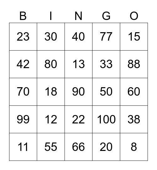 Number Bingo Card