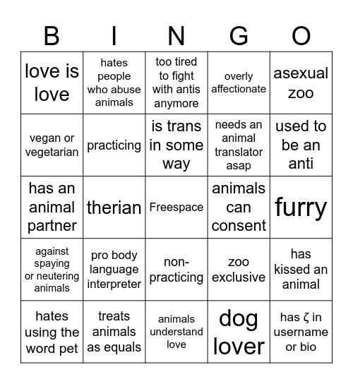 zoo Bingo Card