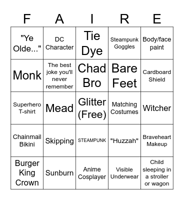 Ren Faire Bingo Card