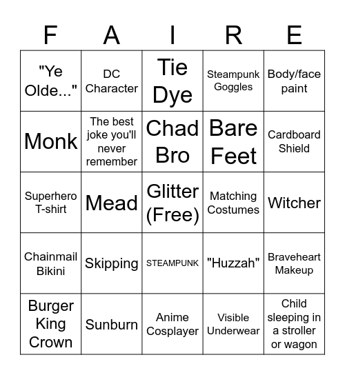 Ren Faire Bingo Card