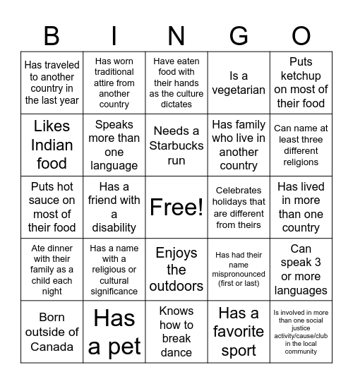 Cultural Diversity Bingo Card