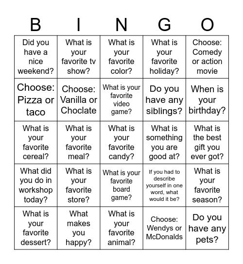 Conversation Bingo Card