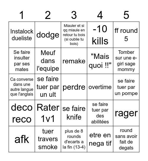 Valorant Alcohol Bingo Card