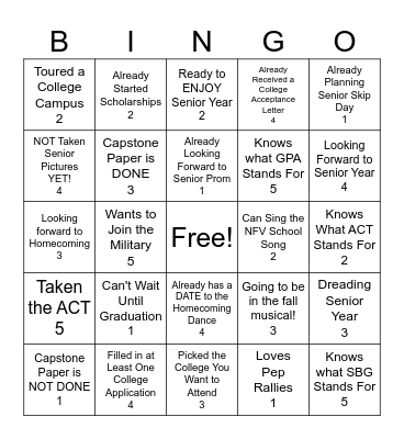 Senior Year Bingo Card