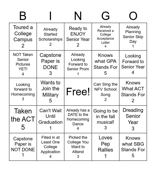 Senior Year Bingo Card