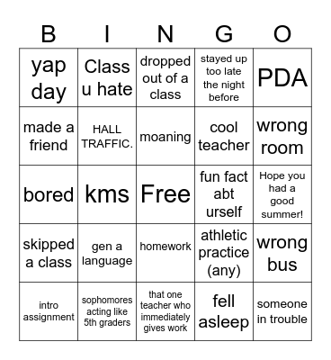 First week of school Bingo Card