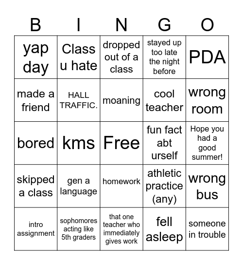 First week of school Bingo Card