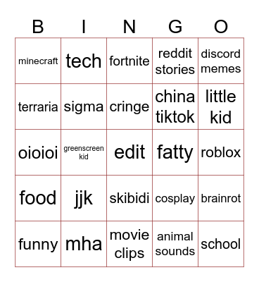 yt shorts bingo Card