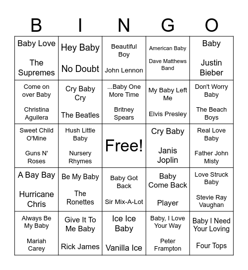 Baby Kelly's Music Bingo! Bingo Card