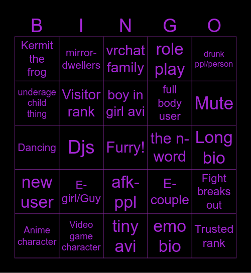 Vrchat Bingo Card