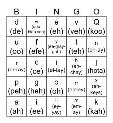 Spanish Alphabet Bingo Card