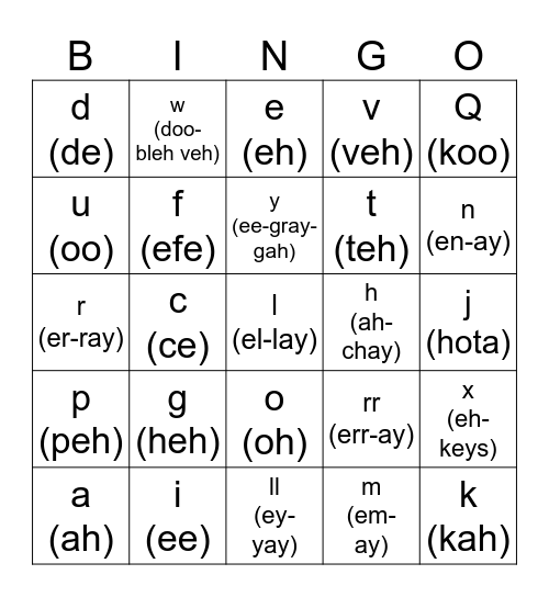 Spanish Alphabet Bingo Card