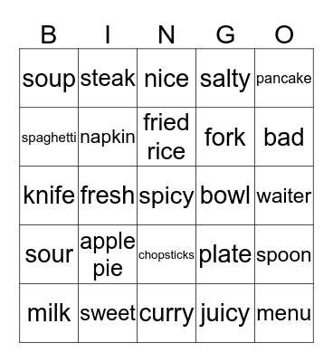 On the Menu Bingo Card