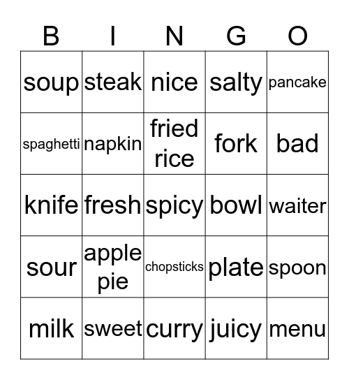 On the Menu Bingo Card