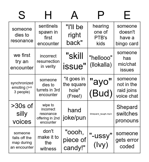 Salvations' Edge bingo Card