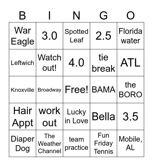 Kristy Bingo! Bingo Card