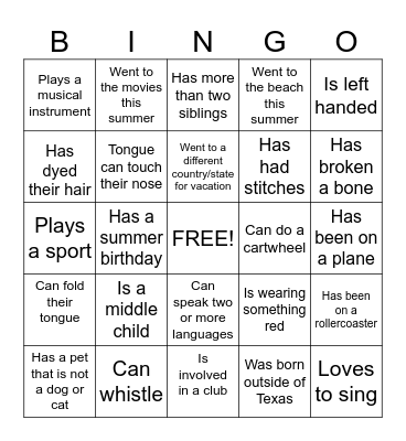 Get to know you Bingo Card