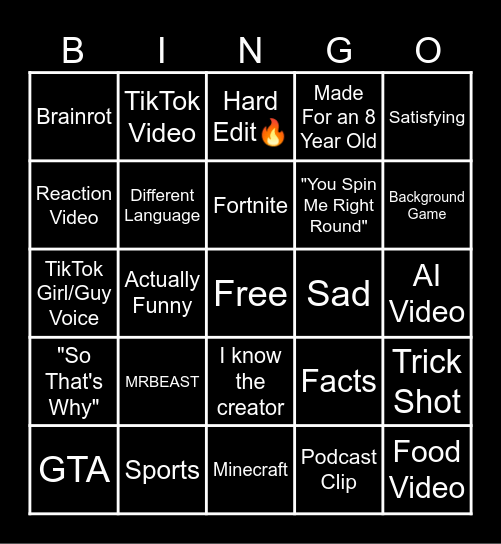 YouTube Shorts Bingo Card