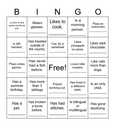 Get to know you Bingo Card