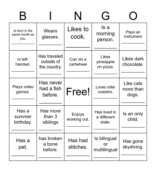 Get to know you Bingo Card