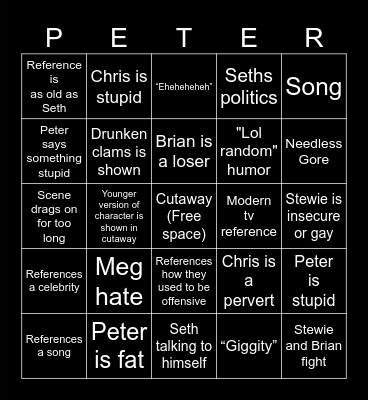 Family guy Bingo Card