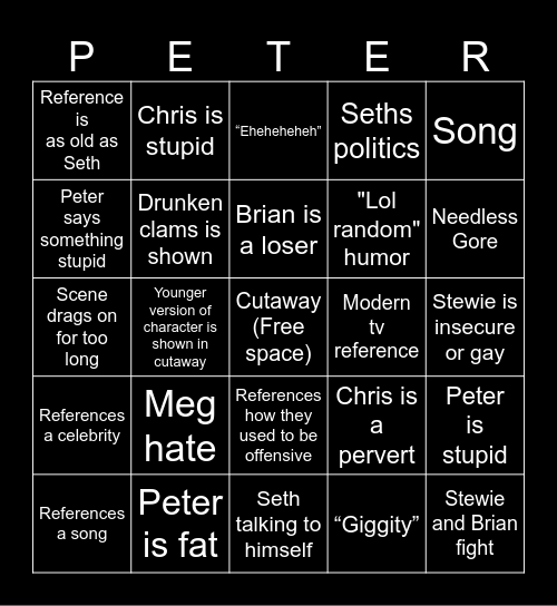 Family guy Bingo Card