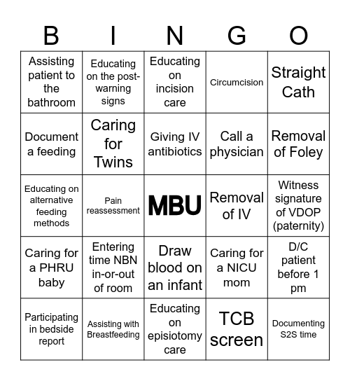 Mother Baby Unit Bingo Card