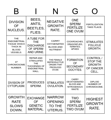 REPRODUCTION AND GROWTH Bingo Card
