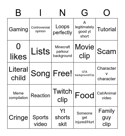 YouTube shorts Bingo Card