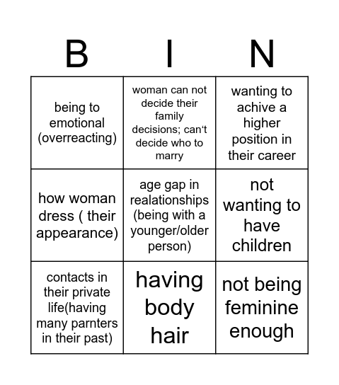 social pressures that lie on woman Bingo Card