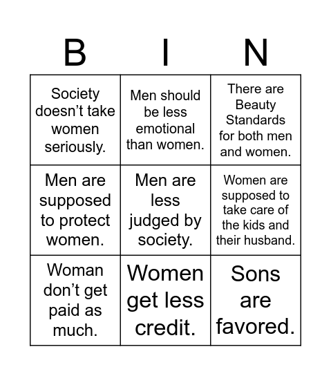 Patriarchy Bingo Card