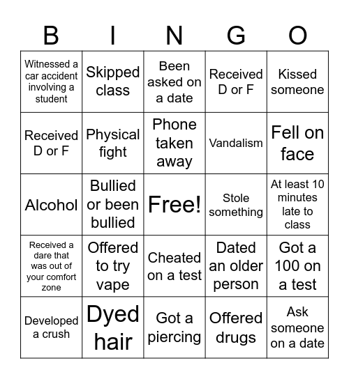 High School Bingo Card