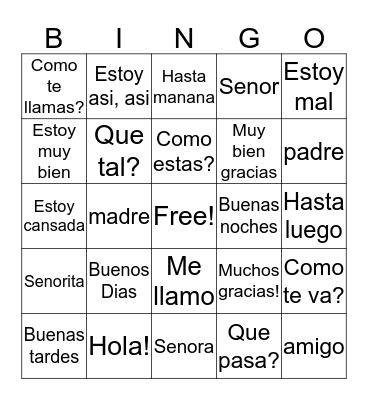 Spanish Vocabulary Bingo Card