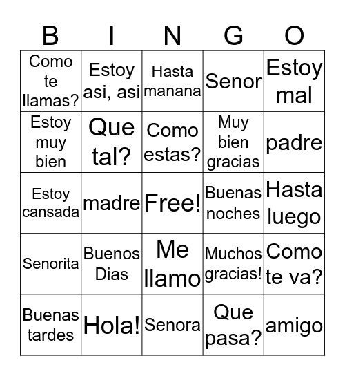 Spanish Vocabulary Bingo Card