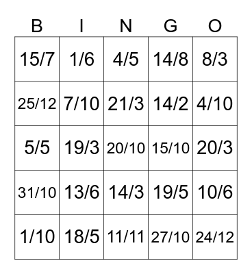 DATE AND MONTH Bingo Card