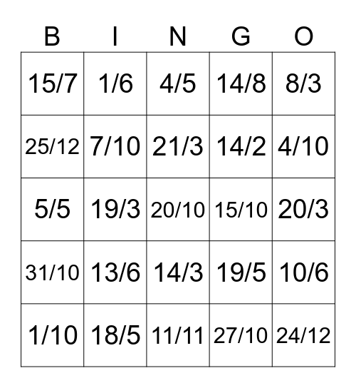 DATE AND MONTH Bingo Card