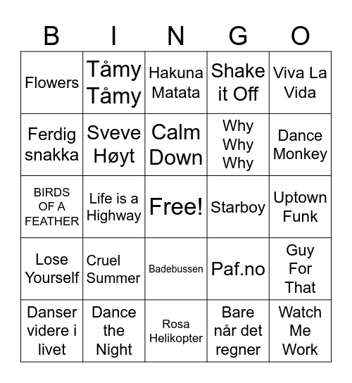 Musikkbingo Card