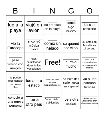 El verano Bingo Card