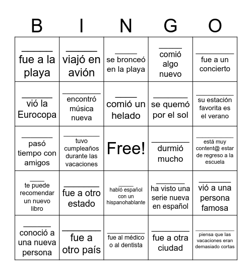 El verano Bingo Card