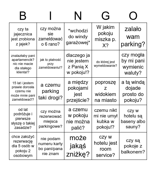 głupie tekstyw hotelu Bingo Card