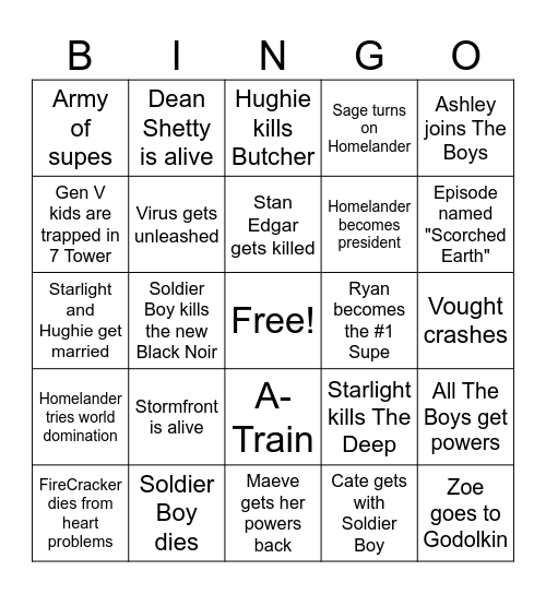 The Boys Season 5 (And Gen V Season 2) Bingo Card