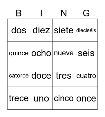 Los números 1-16 Bingo Card