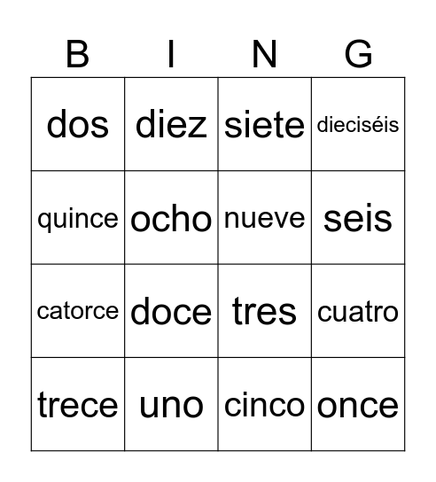 Los números 1-16 Bingo Card