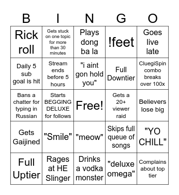 SteamySnuggler Stream Bingo Card