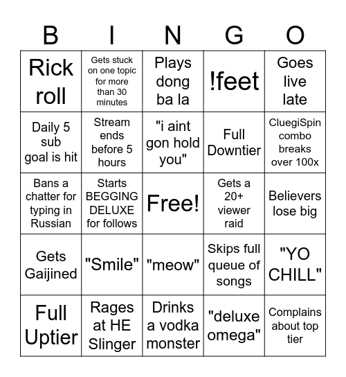 SteamySnuggler Stream Bingo Card