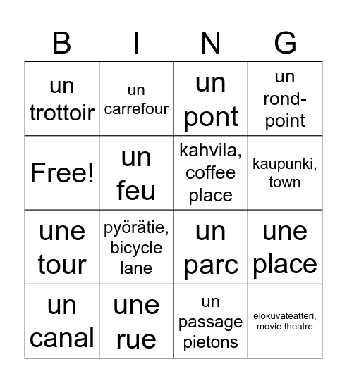 En ville Bingo Card